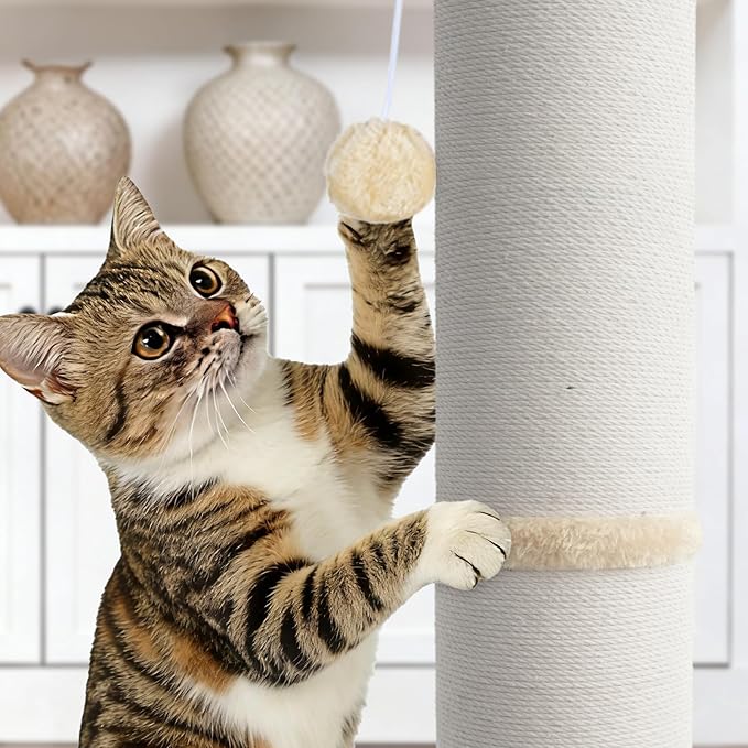 PAWSCRAT Cat Scratching Post 32" Tall, Large Diameter Natural Sisal Cat Scratch Post with Dangling Ball, Scratch-Resistant and Durable Tall Cat Scratcher for Indoor Cats, Protect Your Furniture, Beige