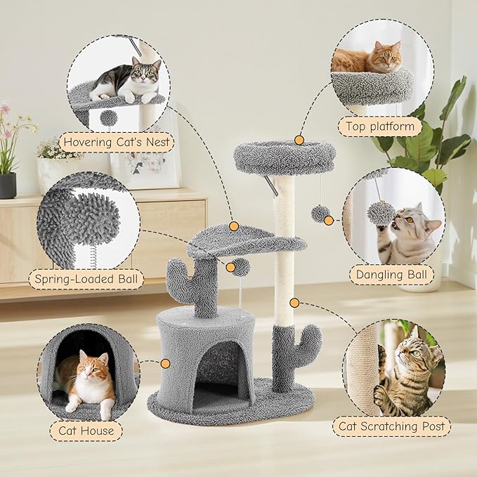 Sweetcrispy 33" Cat Tree Tower for Indoor Cats, Small Cat Scratching Post with Curved Bed, Cat Tree with Cat Condo for Adult, Grey