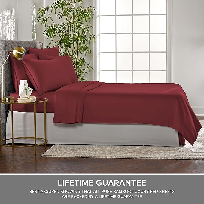 Pure Bamboo Split King Sheets, Genuine 100% Organic Viscose Derived from Bamboo Bed Sheet Set, Soft & Cooling, Double Stitching, 2 Fitted Sheets (Split King, Merlot)