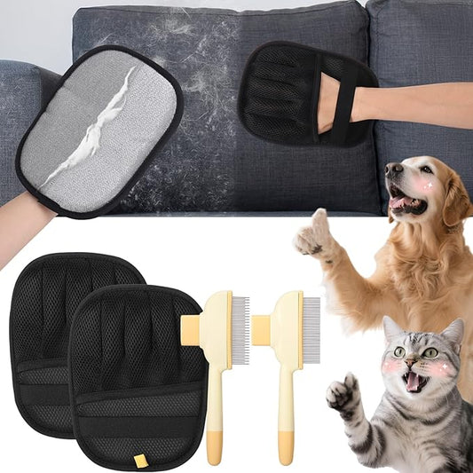 4PCS Pet Hair Removal Glove Set- Reusable Pet Hair Removal Tool for Cats & Dogs, Electrostatic Gloves Pet Hair Remover for Couch, Carpet, Furniture, Car, Bedding, Easy Cleaning & Grooming Tool
