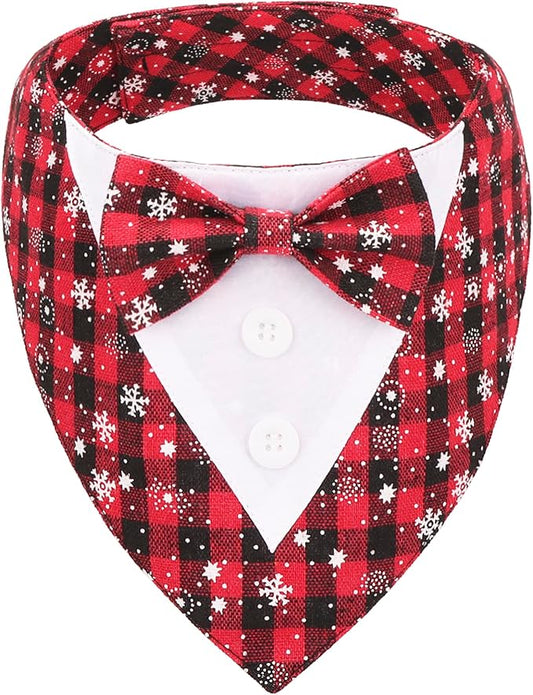 ADOGGYGO Christmas Dog Tuxedo Bandana, Red Plaid Pet Chritstmas Tux with Bowtie Adjustable Christmas Formal Costume for X-Small Dogs Pets (XS)