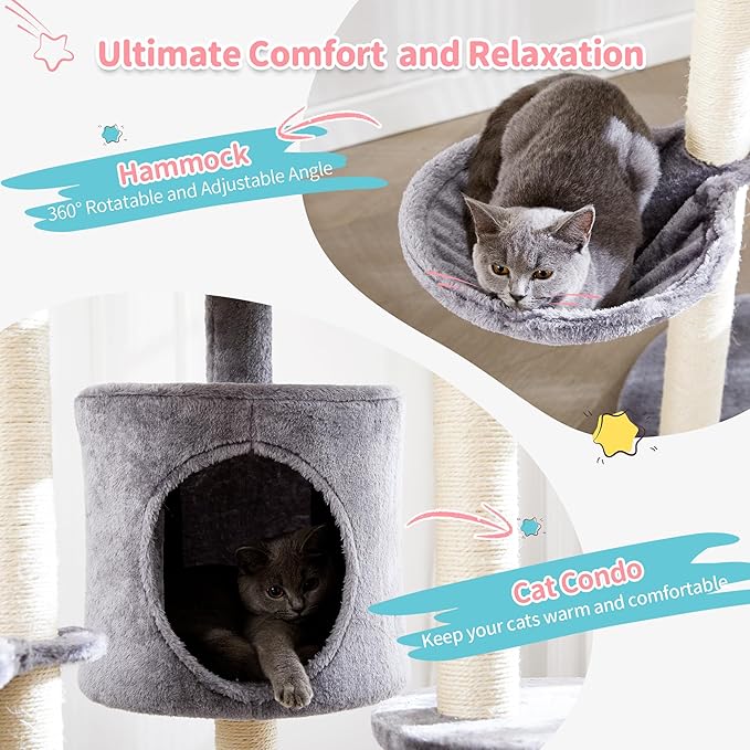 MADE 4 PETS Cat Tree for Indoor Cats, 60.2 inch Tall, 5-Level, Modern, Grey, Sisal Scratch Posts, Cat Condo with Hammock, Cat Tower for Large Breeds