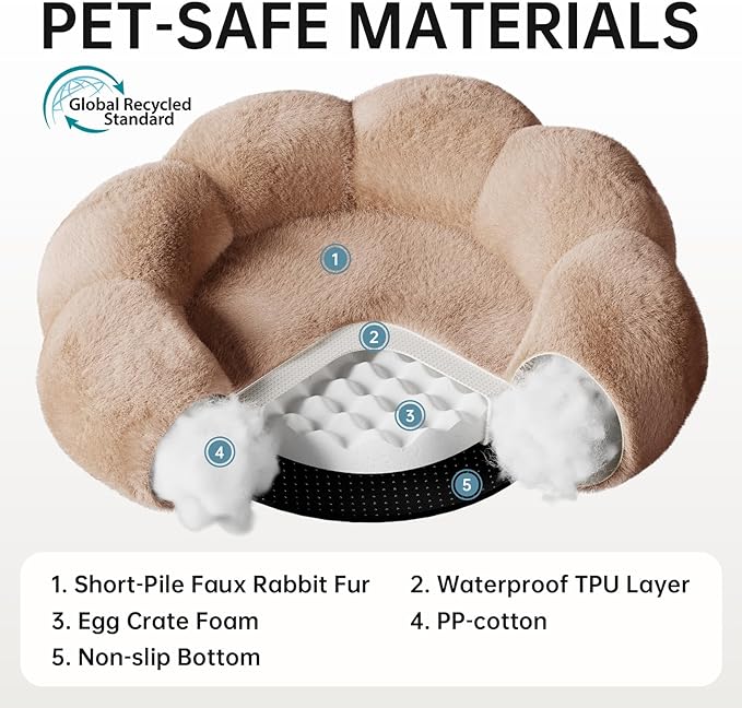 OhGeni 31 inches Calming Donut Orthopedic Dog & Cat Bed for Medium Pets, Warming Comfort Fluffy Short Pile Fur, Durable Waterproof Machine Washable Removable Cover, Cute Round Bed for Puppy, Camel