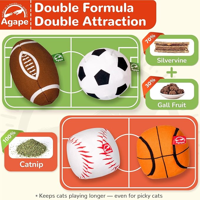 Agape 100% Catnip & Silvervine Filled Cat Toys, Interactive Chew & Kicker Balls for Indoor Cats, Enrichment and Teeth Cleaning Fun for Bored Cats and Kittens, 2 Pack Natural Crinkle Cat Toy with Sound
