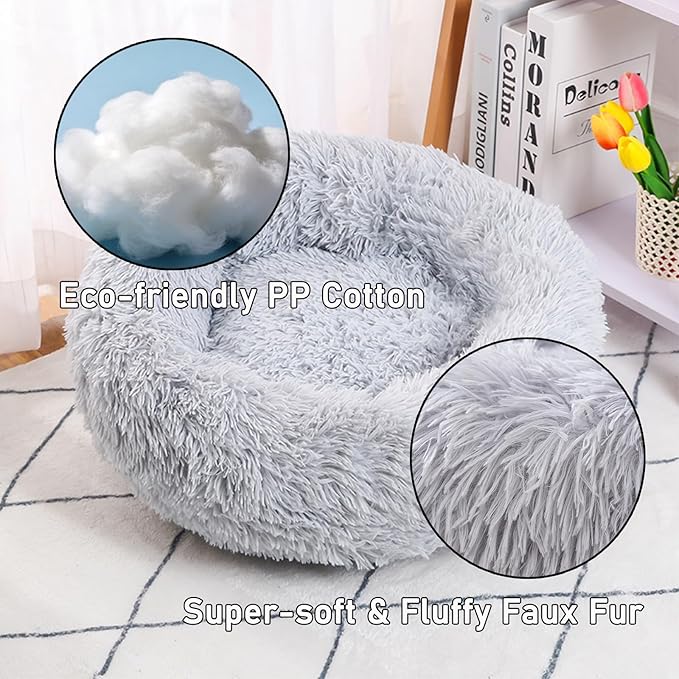 Calming Donut Dog Beds Large Sized Dog - Washable Removable Cover Non-Slip, Round Pet Bed Warming Fluffy Plush Faux Fur Anti-Anxiety Thick Cushion, Fits up to 80 lbs (Light Grey, 36")