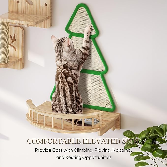 Cat Wall Shelves, 15-in-1 Solid Wood Wall-Mounted Cats Furniture Set with Scratching Post, Cat Climbing Wall Systems with Condos, House, Steps, Cushion, Small Bowl, Cats Shelf Furniture