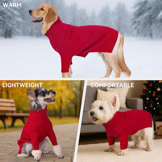 cyeollo Dog Christmas Sweaters for Small Dogs Boy, Pullover Turtleneck for Dogs Female, Knitted Doggy Fall Winter Warm Cold Weather Dog Clothes Apparel with Sleeves, Red L