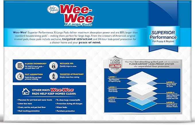 Four Paws Wee-Wee Superior Performance XL Pee Pads for Extra Large Dogs, Leak-Proof Floor Protection Dog & Puppy Quilted Potty Training Pads, Unscented, 28" x 34" (150 Count)