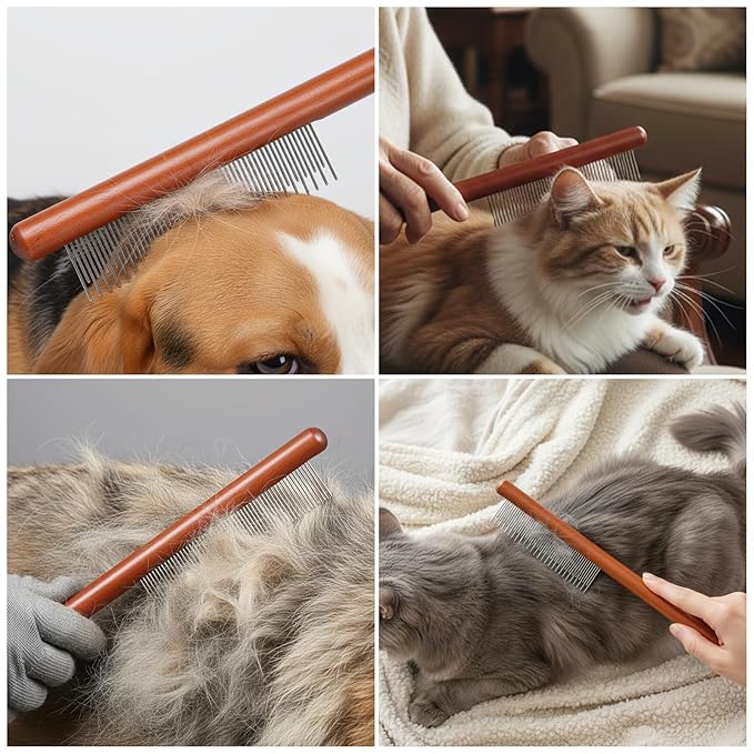 Cat Comb, Rabbit Dog Hair Brush Flea Lice Comb Deshedding Brush with Wood Handle, Fine Wide Teeth Remove Tangles, Shedding Fur Fleas Grooming Tool for Long Short Haired Cats Dogs Puppy Rabbits