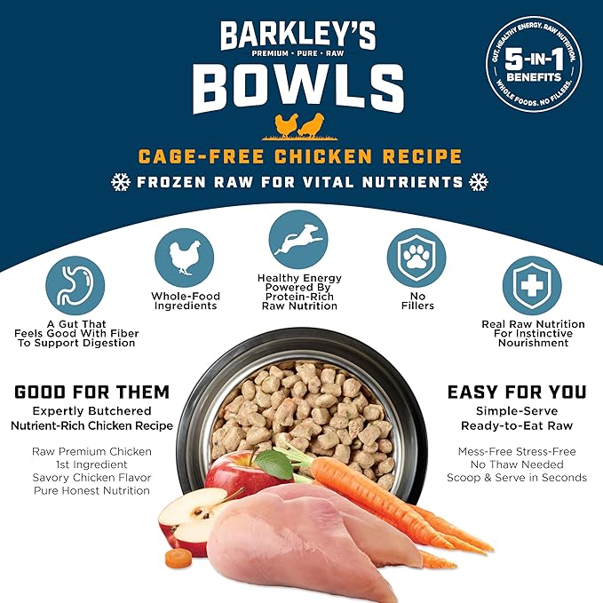Barkley’s Bowls, Frozen Raw Chicken Dog Food, Fresh Whole Food Ingredients with Cage-Free Chicken, Grain Free, High Protein for Balanced Nutrition, Frozen Meals with Human Grade Ingredients, 4 lb Bag