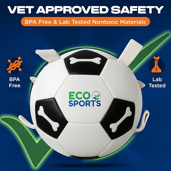 Eco Sports Dog Soccer Ball with Straps – Interactive Durable Dog Soccer Ball with Cotton Grab Tabs for Fetch Training and Outdoor Play, Pet Birthday Gift