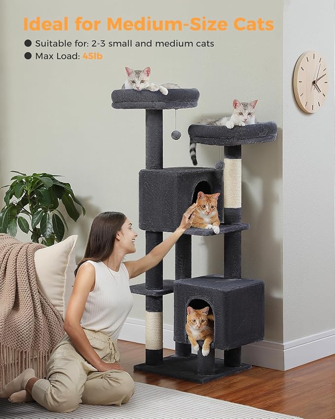 Cat Tree, 52.4" Multilevel Cat Tower for Indoor Cats, Plush Cat Tree House with 2 Padded Perches, 2 Condos & 2 Scratching Posts, Dark Gray