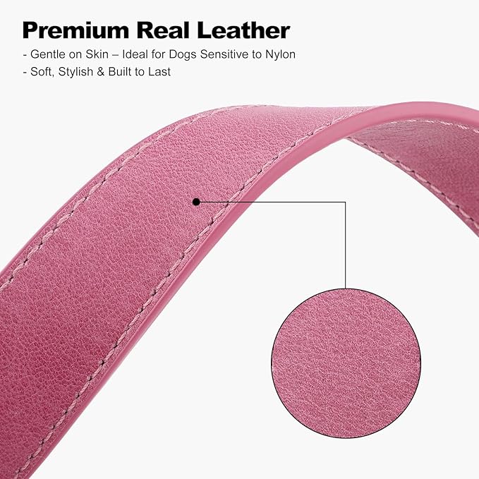 Plutus Pet Genuine Leather Dog Collar – Adjustable Pet Collar with Quick Release Metal Buckle, Soft Real Leather for Small Medium Large Dogs, Heavy Duty & Skin-Friendly (Pink, L)
