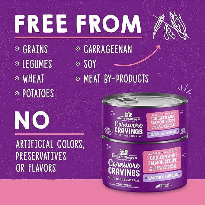 Stella & Chewy's Carnivore Cravings Savory Shreds Cans – Grain Free, Protein Rich Wet Cat Food – Cage-Free Chicken & Wild-Caught Salmon Recipe – (2.8 Ounce Cans, Case of 24)