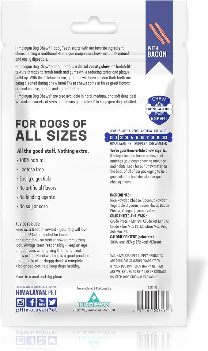 Himalayan Dog Chew Happy Teeth Yak Cheese, Soft Dog Chews, 100% Natural Soft Density Dental Treats, Gluten Free, Safe Treats for Oral Health, Lactose & Grain Free, Protein Rich, Bacon, 2 Count