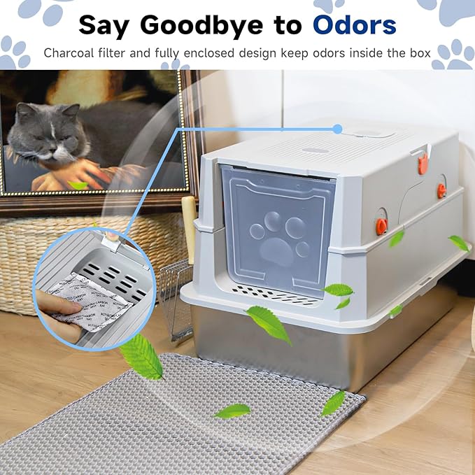 TENTIZON Stainless Steel Cat Litter Box with Lid, XL Large Covered Kitty Litterbox with Flip Top, High Side, Litter Mat, Scoop for Big Cats, Kitten, Multi-Cats Home, No Smell, No Mess, Easy Clean