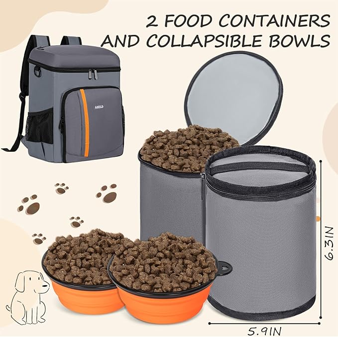 ANILD Dog Travel Backpack - Airline Approved Double-layer Pet Travel Bag Accessories with 2 Food Storage Bag and 2 Foldable Silicone Bowls for Hiking & Camping