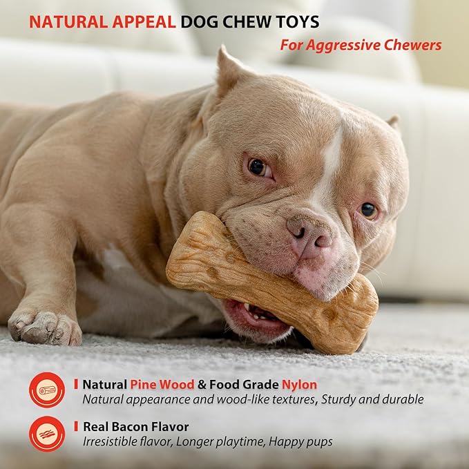 Willjoy Dog Chew Toys for Aggressive Chewers, Tough Dog Toys for Aggressive Chewers, Pine Wood and Nylon Indestructible Dog Toy, Bacon Flavor Large Dog Toys to Keep Them Busy