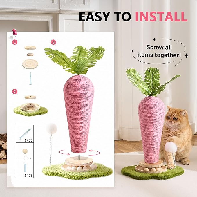 Cute Cat Scratching Post, Carrot Cat Scratcher Post with Durable Natural Wooden Turntable Toy and Catnip, 24'‘ H Carrot Shape Design Sisal Cat Tree Sisal Scratcher for Indoor Cats (Cloud Base)