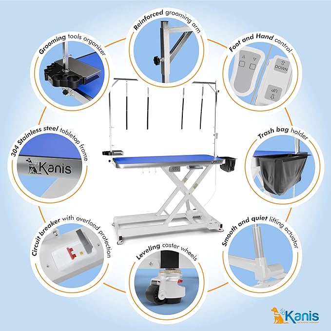 KANIS Professional Electric Dog Grooming Table - Heavy Duty, Height Adjustable Pet Grooming Table w/Leveling Wheels, Grooming Arm, Anti Slip Tabletop & Tool Organizer/Dog Grooming Station (60", WHITE)