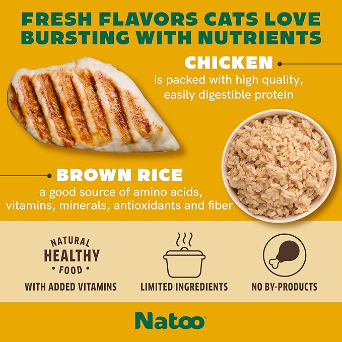 NATOO Cat Food Topper for Picky Eaters, Healthy Soft KittyTreat (Chicken & Brown Rice in Broth), Wet Cat Meal with Gravy, High Protein, Limited Ingredient Adult & Kitten Food, 2.4 oz (Case of 20)