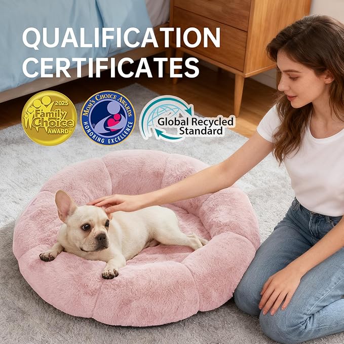 OhGeni 31 inches Calming Donut Orthopedic Dog & Cat Bed for Medium Pets, Warming Comfort Fluffy Short Pile Fur, Durable Waterproof Machine Washable Removable Cover, Cute Round Bed for Puppy, Pink