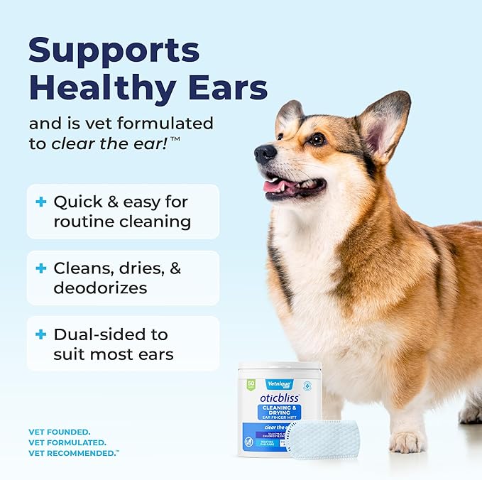 Vetnique Oticbliss Cat & Dog Ear Wipes - Dog Ear Infection Treatment or Dog Ear Cleaner Wipes for Dirty, Waxy, Smelly Dog Ears, Odor Control with Aloe Vera & Salicylic Acid (Finger Mitt Ear Wipes)