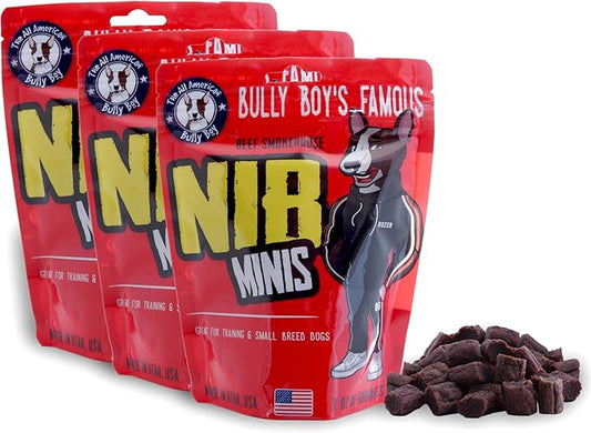 Bully Boy's Famous Mini Beef Training Nibs Dog Treats | Free from Wheat, Corn, Soy, or Gluten | USA Sourced Ingredients | with Smokehouse Beef | Made in Utah | 7 oz - 3 Pack