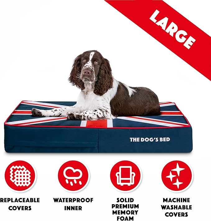 The Dog’s Bed Orthopedic Memory Foam Dog Bed, Large Blue & Red Trim UK Center Flag, Pain Relief for Arthritis, Hip & Elbow Dysplasia, Post Surgery, Supportive, Waterproof Washable, Veterinary Approved
