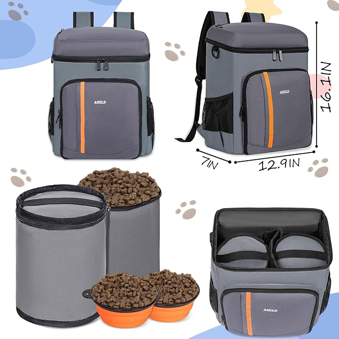 ANILD Dog Travel Backpack - Airline Approved Double-layer Pet Travel Bag Accessories with 2 Food Storage Bag and 2 Foldable Silicone Bowls for Hiking & Camping