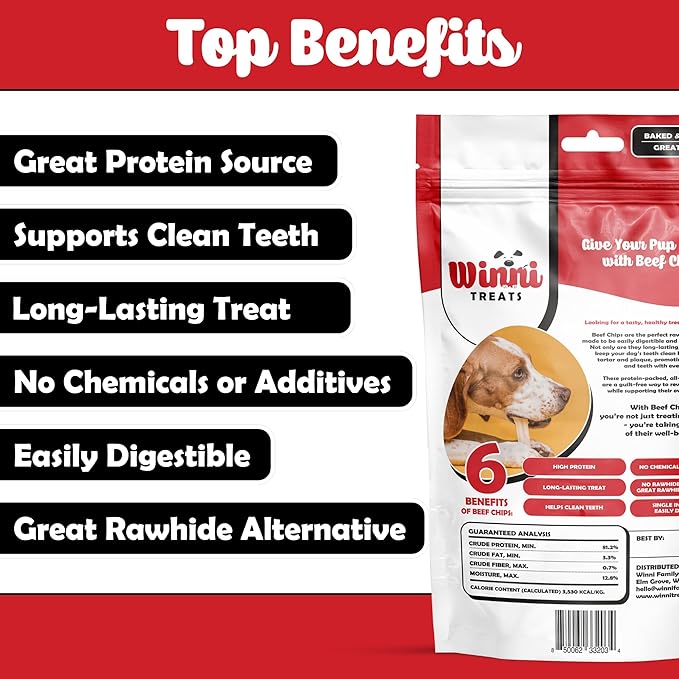 Winni Treats Beef Cheek Chips for Dogs - Single Ingredient, Preservative-Free, Premium Beef Cheeks, Not Rawhide, High in Protein, Low in Fat, Rich in Collagen, Long Lasting Dog Chews Treat (5 Pieces)