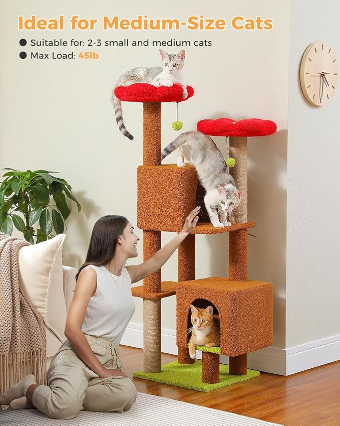 Cat Tree for Indoor Cats, 52.4" Tall Cat Tower with 2 Flower Perches, 2 Cozy Condos & 2 Sisal Scratching Posts - Multi-Level Kitty Climbing Furniture, Pet Playhouse for Adult Cats, Brown/Red