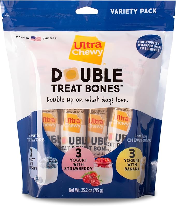 Ultra Chewy Yogurt Double Treat Bones: Strawberry, Blueberry and Banana, Long-Lasting Dog Treats Made in USA for Large and Small Breeds, Highly Digestible (2 Packs)