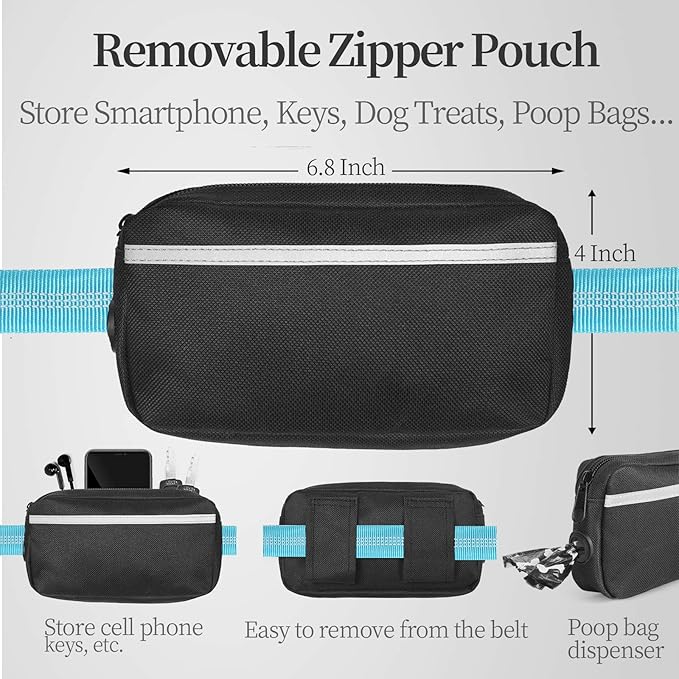 iYoShop Hands Free Dog Leash with Zipper Pouch, Dual Padded Handles and Durable Bungee for Walking, Jogging and Running Your Dog (Medium, 8-25 lbs, Blue)
