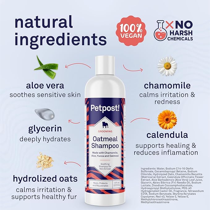 Petpost | Oatmeal & Chamomile Dog Shampoo. Soothes Dry, Sensitive Skin, Moisturizes & Softens Coat with Aloe & Yucca. 8 oz