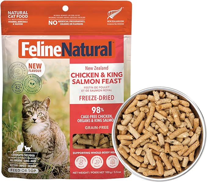 Feline Natural Freeze Dried Cat Food - Grain-Free and High Protein Cat Food from New Zealand, Complete Meal or Topper for Kittens, Adults, and Senior Cats, Chicken and King Salmon, 100g