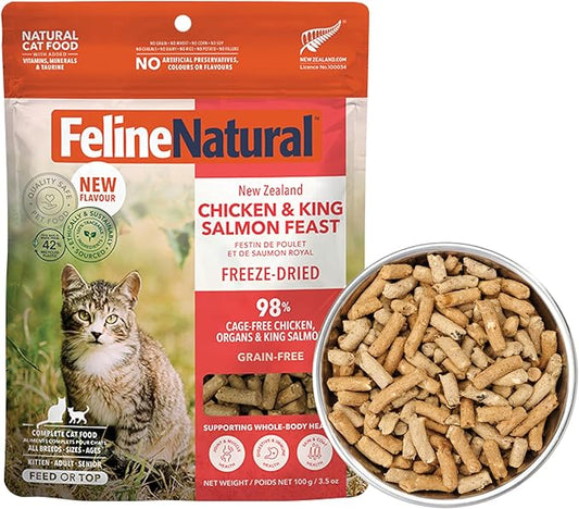 Feline Natural Freeze Dried Cat Food - Grain-Free and High Protein Cat Food from New Zealand, Complete Meal or Topper for Kittens, Adults, and Senior Cats, Chicken and King Salmon, 100g