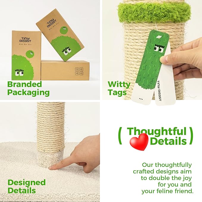 TINYBEAST 34" Tall Cat Scratching Post, Cat Scratcher Featuring Natural Sisal Rope, Cat Tree with Interactive Plush Toy Ball and Stable Base for Indoor Large Adult Cats & Kittens