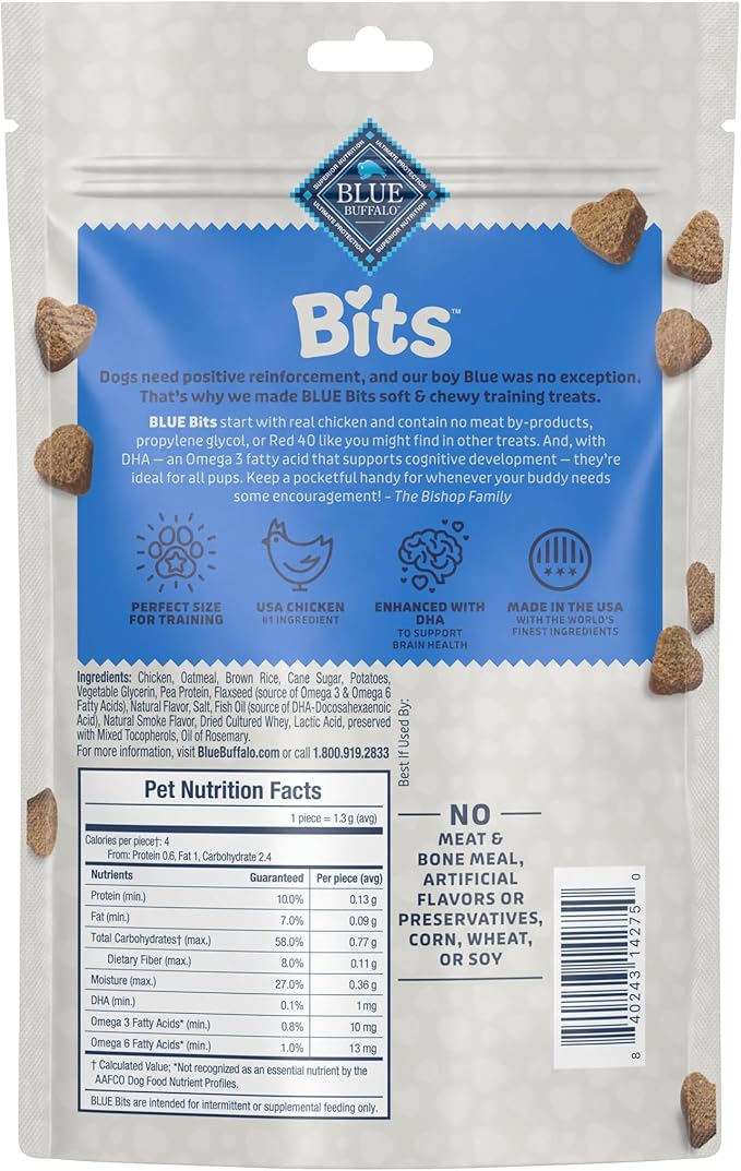 Blue Buffalo Bits Soft Dog Treats for Training, Made with Natural Ingredients & Enhanced with DHA, Chicken Recipe, 11-oz Bag