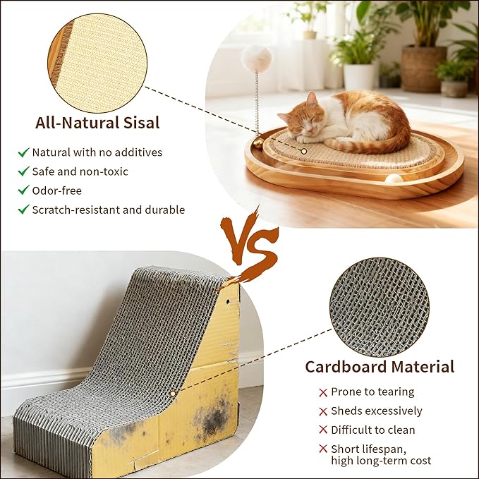 Sisal Cat Scratcher Toy,Cat Natural Sisal Scratching Pad,Wooden Interactive Toy for Indoor Cats with Cat Ball Track