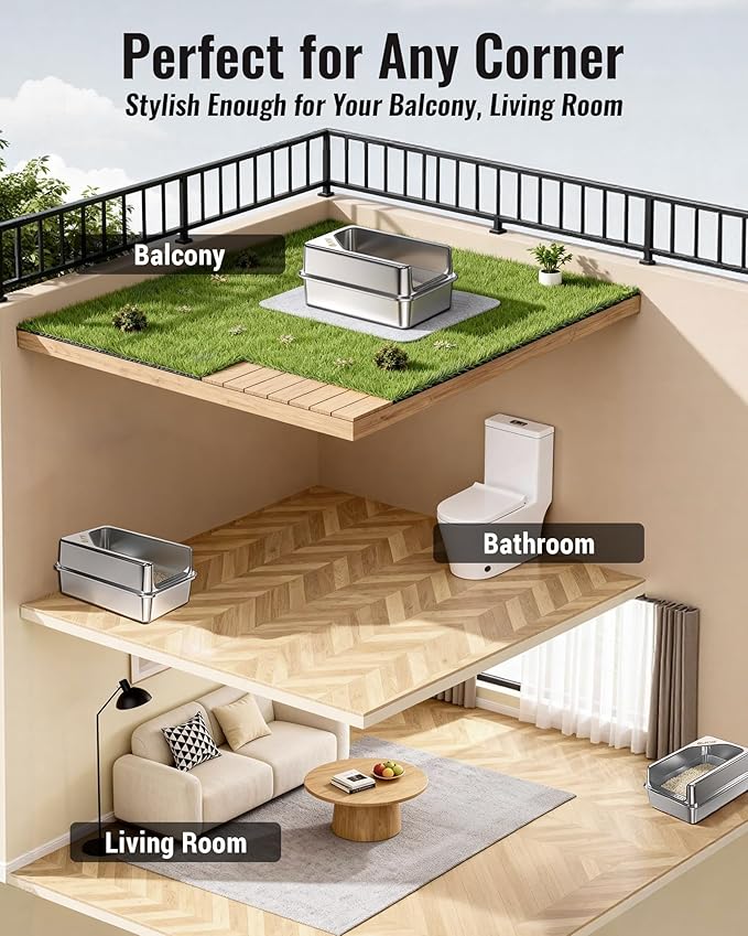 PETNF All Metal Cat Litter Box - All Stainless Steel Litter Box, Odor-Free Large Capacity with Included Litter Scoop, Leak-Proof High-Sided, Easy-to-Maintain for Big Cats & Multi-Cat Homes (2 Pack)
