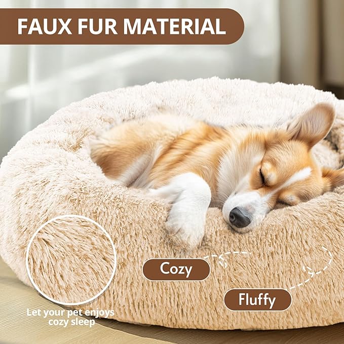 JOLLYVOGUE Calming Dog Bed Large Size Dog, Anti-Anxiety Donut Large Pet Bed, 36 inches Fluffy Faux Fur Round Cat Bed, Fits up to 75 lbs Pets (Off White)