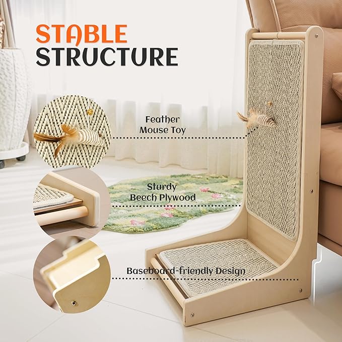 PETKARAY Cat Scratcher, Sisal Cat Scratch Pad, L Shape Scratching Board for Indoor Kitty, Floor Mounted Scratcher with Mouse Toy Catnip