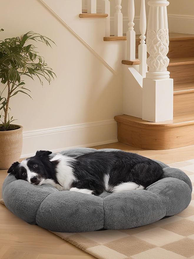 OhGeni 36 inches Calming Donut Orthopedic Dog & Cat Bed for Large Pets, Warming Comfort Fluffy Short Pile Fur, Durable Waterproof Machine Washable Removable Cover, Round Bed for Puppy, Dark Gray