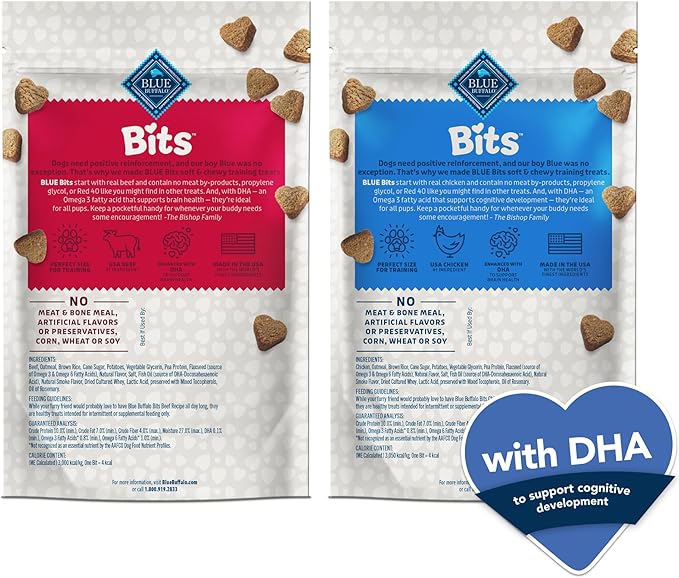 Blue Buffalo Bits Soft Dog Treats for Training, Made with Natural Ingredients & Enhanced with DHA, Chicken & Beef 19-oz Variety Pack, 2 ct
