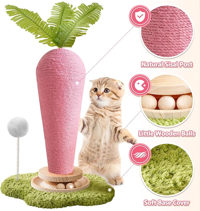 Cute Cat Scratching Post, Carrot Cat Scratcher Post with Durable Natural Wooden Turntable Toy and Catnip, 24'‘ H Carrot Shape Design Sisal Cat Tree Sisal Scratcher for Indoor Cats (Cloud Base)