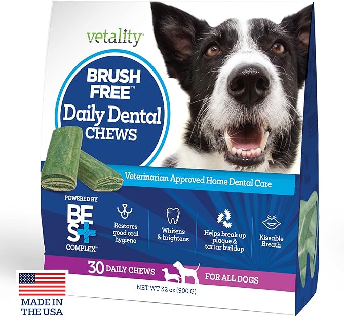 Vetality Brush Free Daily Dental Care Chews for Dogs | Cleans Teeth and Freshens Breath | 30 Count | B.E.S.T. Complex Provides Complete Oral Cleaning and Tartar Control