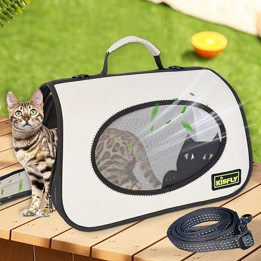 Cat Carrier Purses for Women, Airline Approved Pet Travel Bag for Cats, Kittens, Rabbits up to 10 lbs - Collapsible, Soft-Sided,16x10x10 in, Breathable Mesh with Kitty Pattern, Collar and Leash, Cream