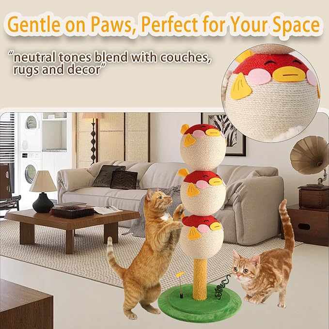 Cute Cat Scratching Post - 31.5" Tall Indoor Cat Tree Tower with Sisal Rope and Interactive Cat Toys, Featuring a Sturdy Base for Kittens and Adult Cats to Stretch Vertically