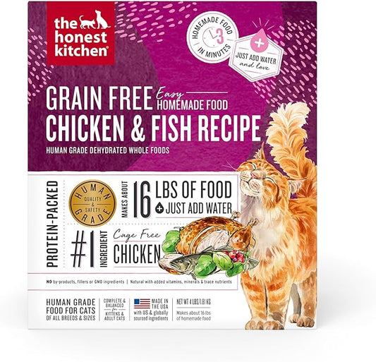The Honest Kitchen Human Grade Dehydrated Grain Free Chicken & Fish Cat Food - Complete & Balanced Meal or Topper - 4 lb Box